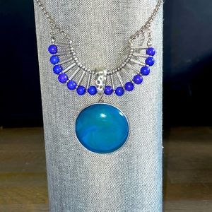 Silver & Blue Deco Necklace with Large Circle Drop Pendant & Silver Touches